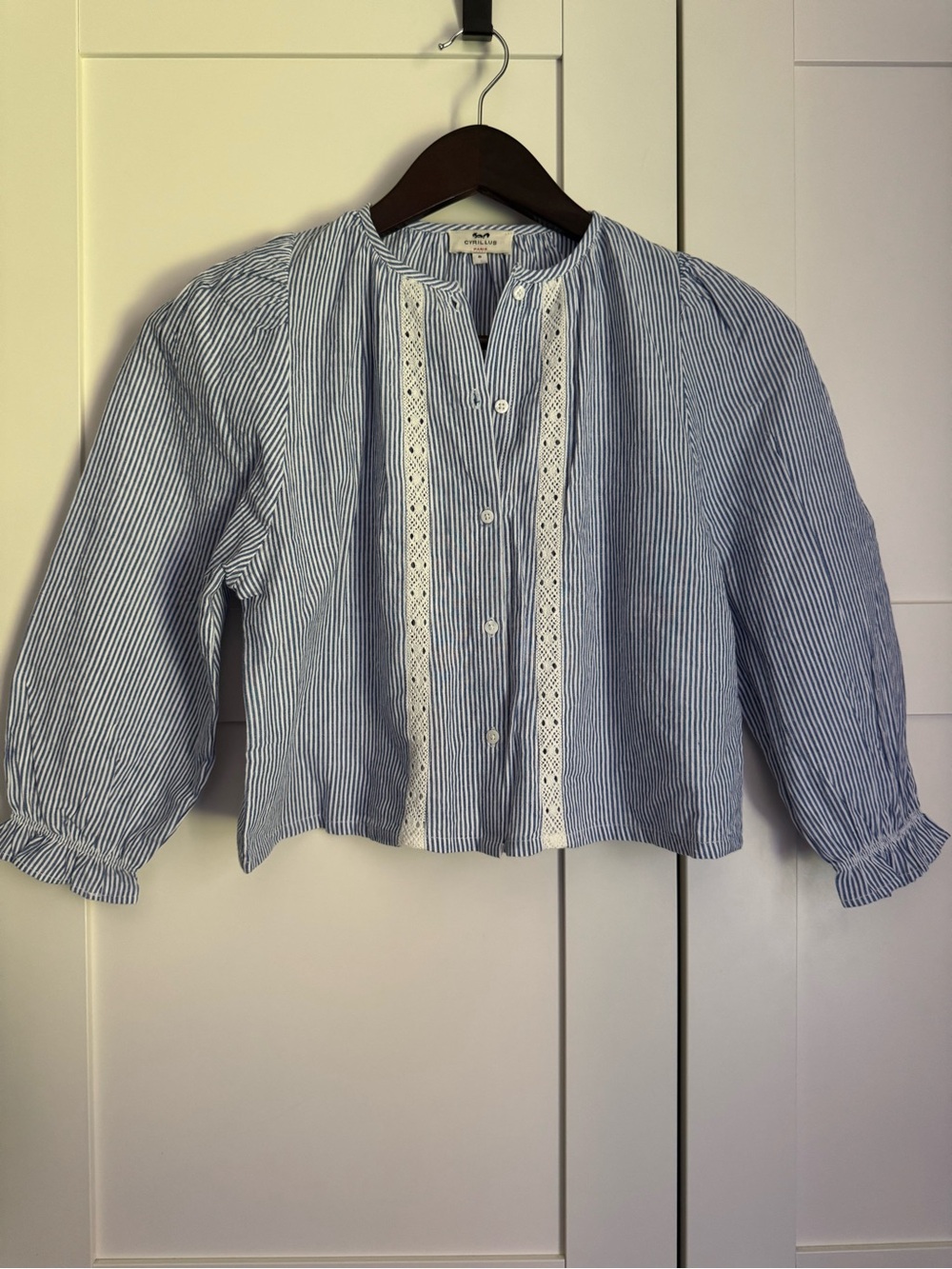 Cyrillus Paris Girls Lace Striped Cotton Blouse Blue White Size 8Y Quiet Luxury
